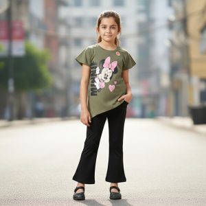 Girls' Dark Grey Two-Piece Outfit with Embroidered Cat
